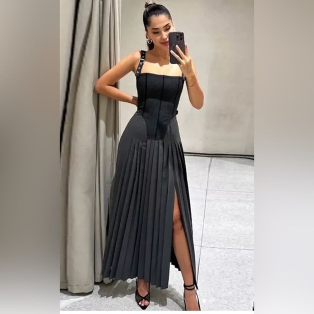 Zara ZW Collection Pleated Bustier Long Dress Grey Size XS, Like New